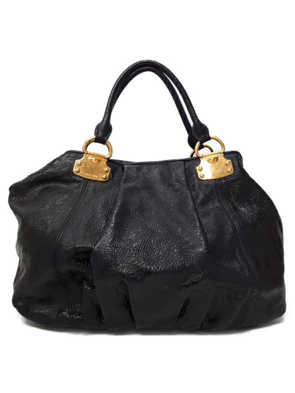 Miu Miu black pleated crinkled patent leather tote bag